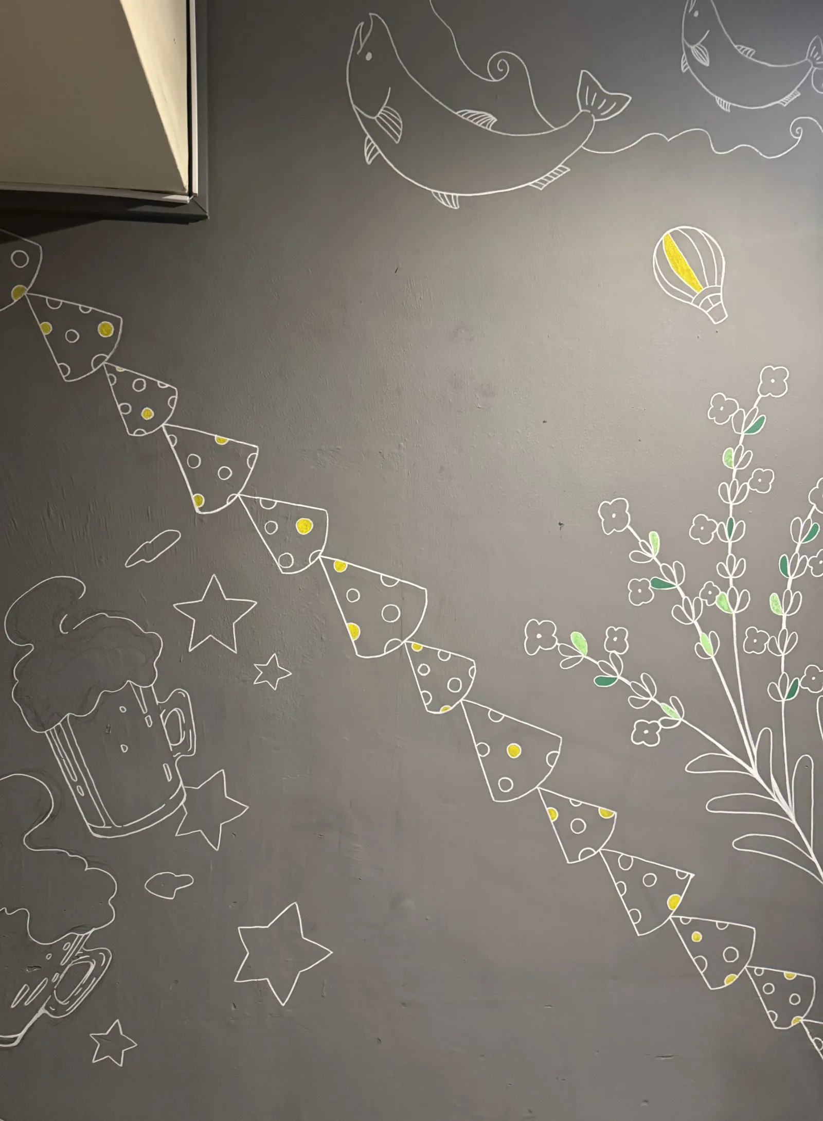 渋谷店の灰色の壁に白い線で描かれた壁画。水玉の旗飾りが斜めに連なり、魚や気球、ビールジョッキ、草花が描き込まれている