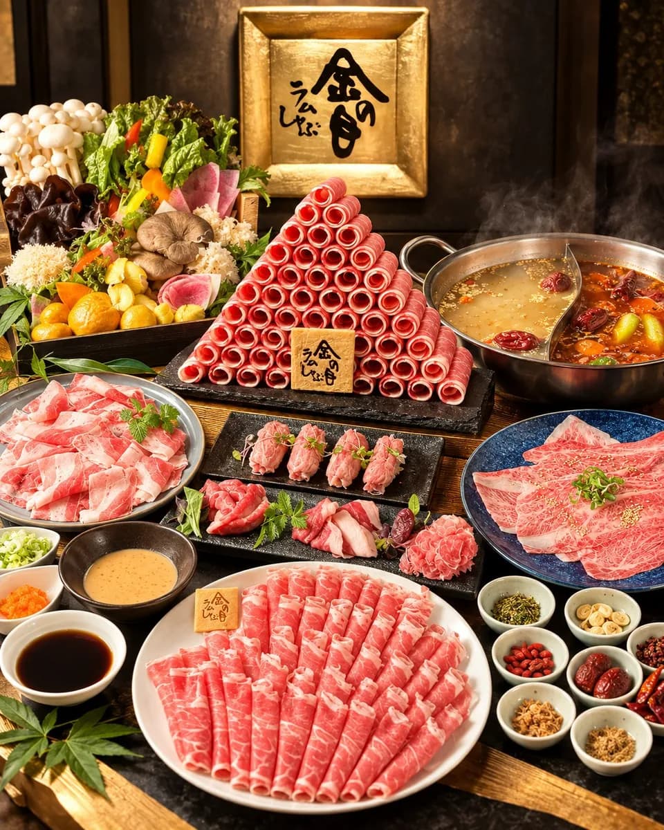 金色の「金の目 ラムしゃぶ」の額を背に、ロールラムの山、肉寿司、和牛、二色鍋、薬味の小鉢を並べた食卓