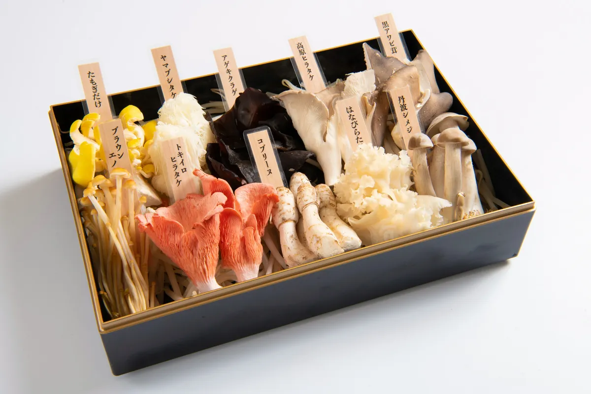 黒い重箱に品種名の札を立てた希少きのこの盛り合わせ