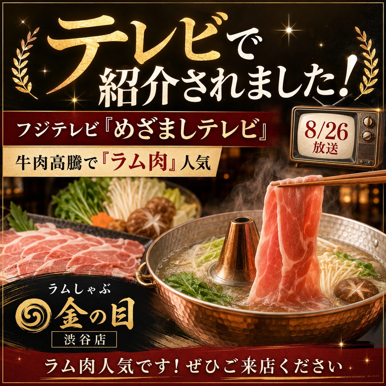 めざましテレビで「ラムしゃぶ金の目 渋谷店」が紹介されました